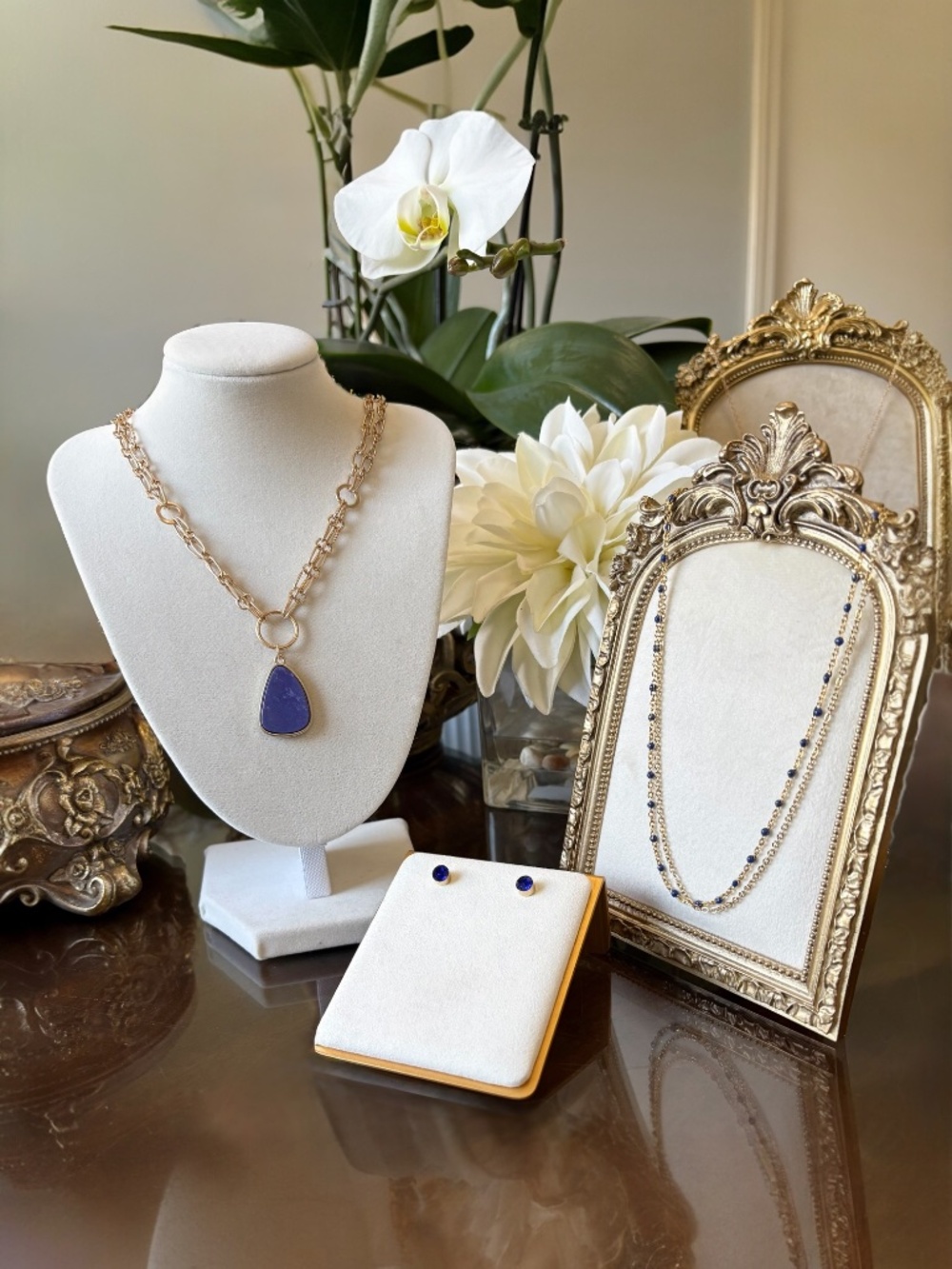 New Goldtone Double Chain Necklace with a Faux Lapis Pendant by Plunder Design - Picture 4 of 8
